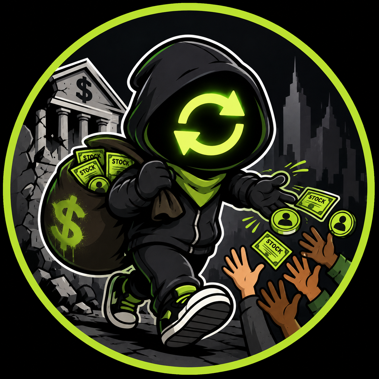 SHAREBACK hooded mascot with a neon return symbol.